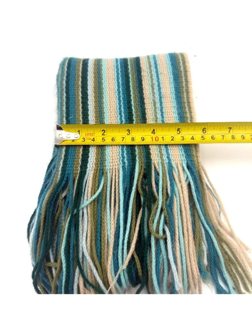 Striped Knit Fringe Winter Scarf Blue Green Cream Soft Cozy Scarf